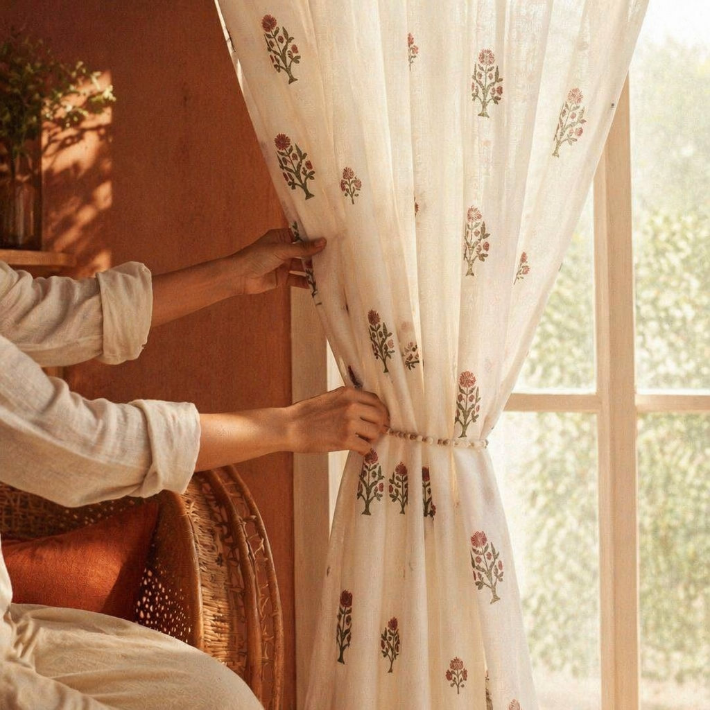Mulmul Sheer Hand-Printed Rust and Green Floral Curtain, The Draped Window. Handmade in India by House of Taraasha.