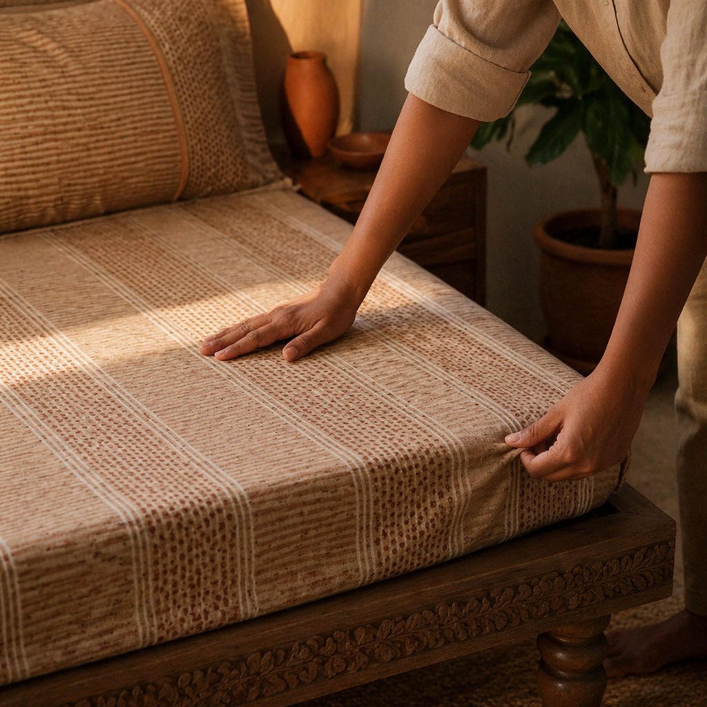 Taupe & Wine Textured Sanganer Bedsheet, The Linen Room. Handmade in India by House of Taraasha.