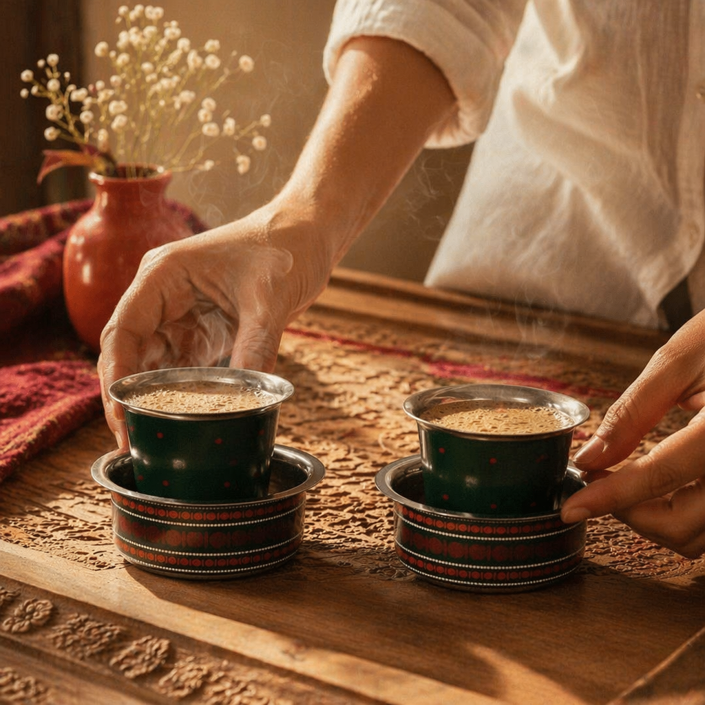 Kanjeevaram Enamel Steel Coffee Dabara Set, The Brass Atelier. Handmade in India by House of Taraasha.