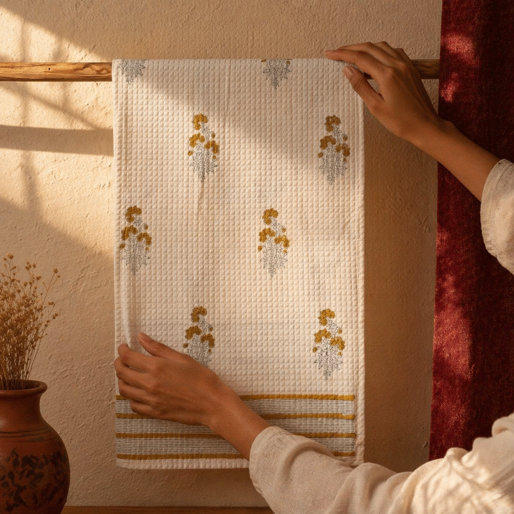 Floral Hand-Printed Waffle Weave Bath Towel, The Linen Room. Handmade in India by House of Taraasha.