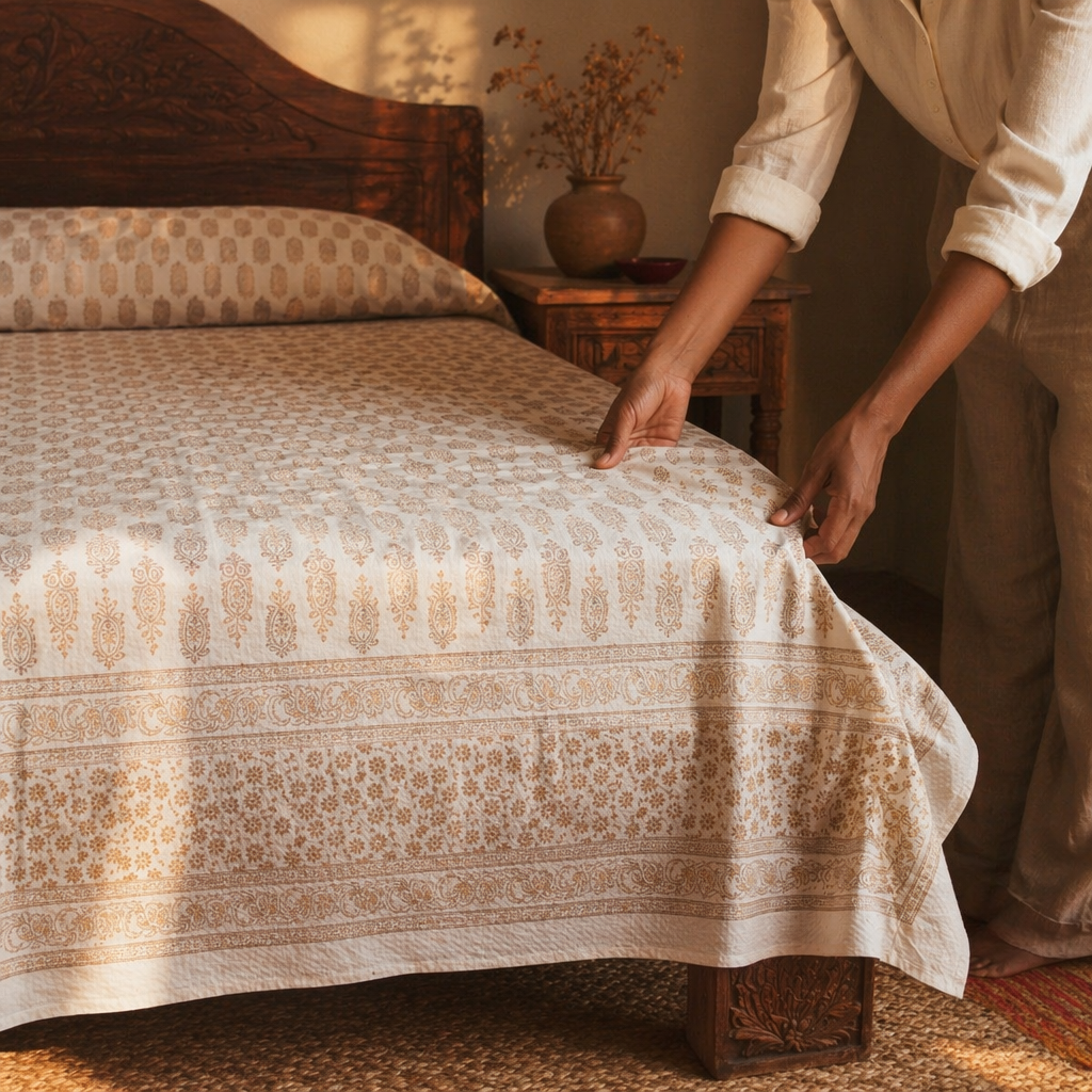 Gold on White Hand-Printed Cotton Bed Cover, The Linen Room. Handmade in India by House of Taraasha.