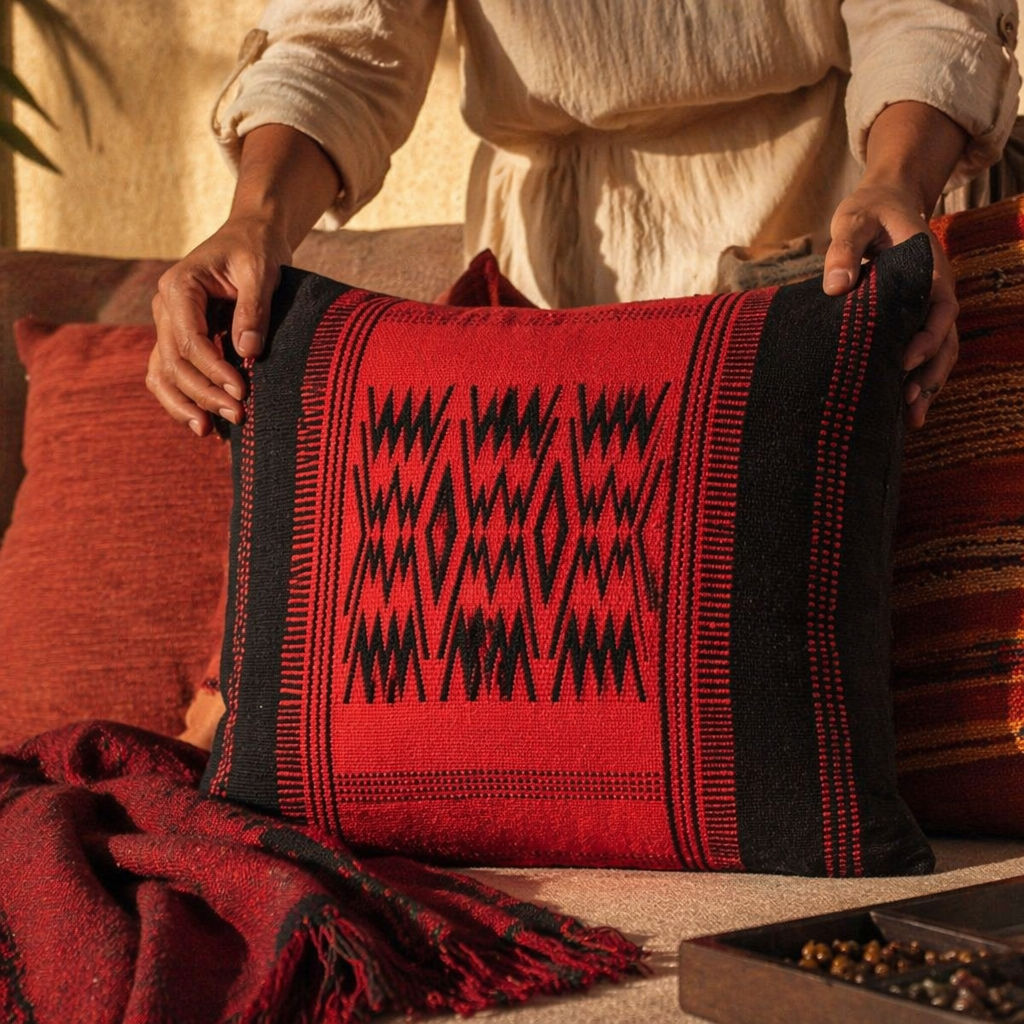 Naga Tribal Backstrap-Woven Red and Black Cushion Cover, The Living Room. Handmade in India by House of Taraasha.