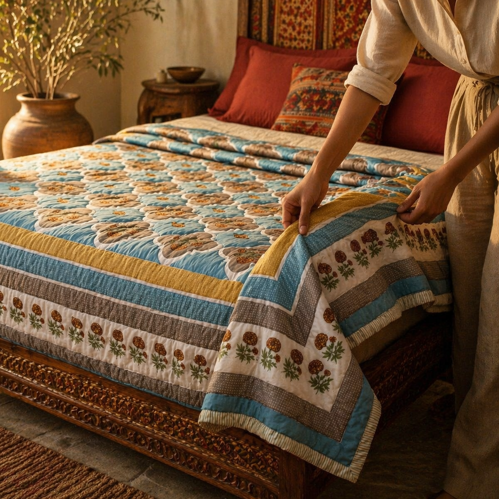 Sanganer Hand Block-Printed Mulmul Cotton AC Comforter, The Linen Room. Handmade in India by House of Taraasha.