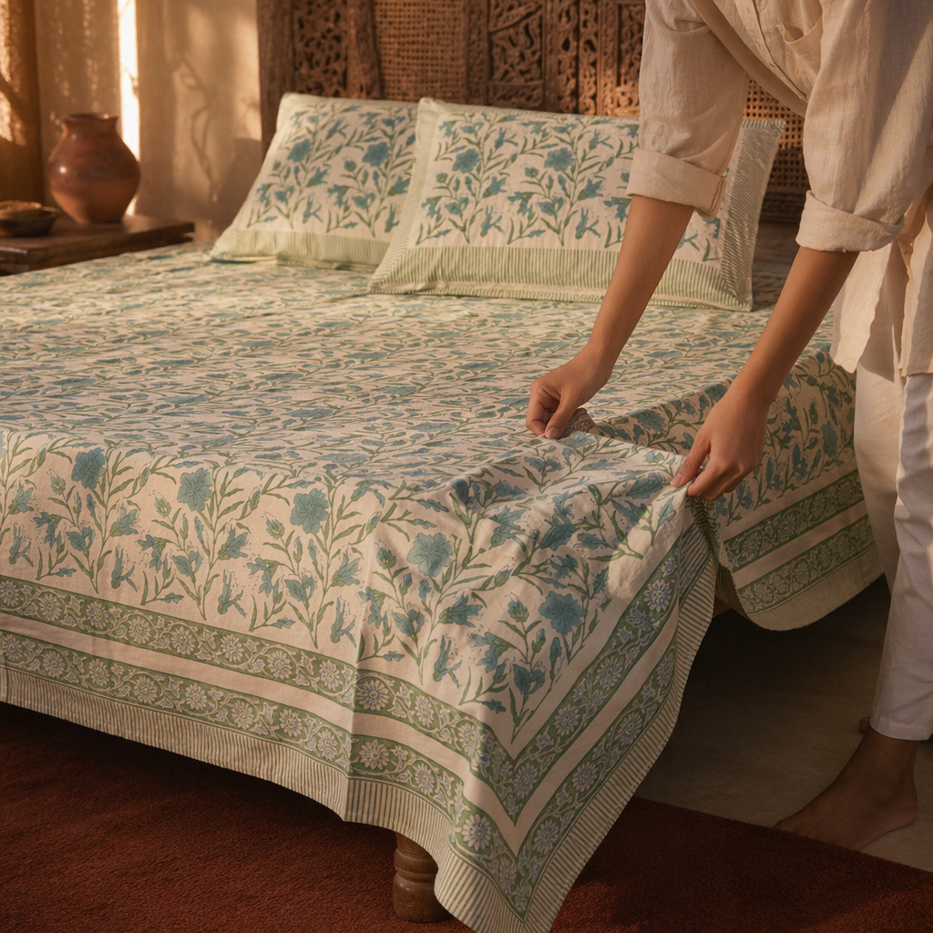 Light Green & White Hand Block-Printed Bedsheet, The Linen Room. Handmade in India by House of Taraasha.