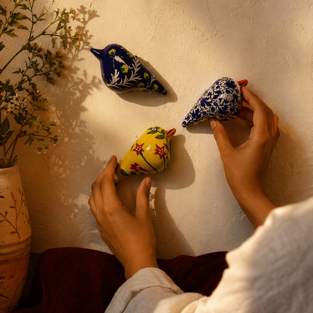 Kashmir Papier-Mâché Doves Hand-Painted Trio, The Art Wall. Handmade in India by House of Taraasha.