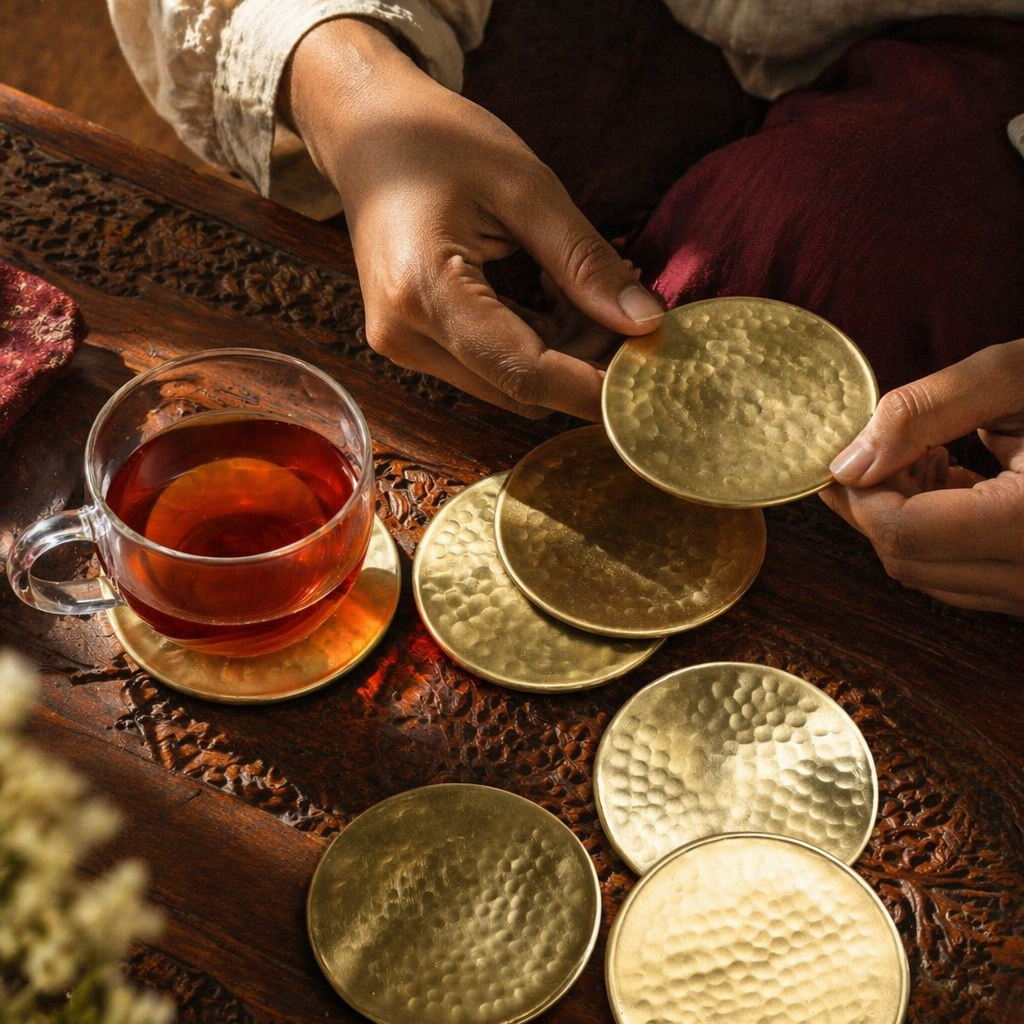 Moradabad Matt Hammered Brass Coasters, The Brass Atelier. Handmade in India by House of Taraasha.