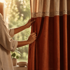 Rust and Off White Reversible Crochet-Border Door Curtain, The Draped Window. Handmade in India by House of Taraasha.