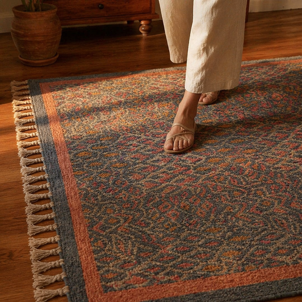 Vintage Chintz Hand Block-Printed Coral Floral Rug, The Woven Floor. Handmade in India by House of Taraasha.