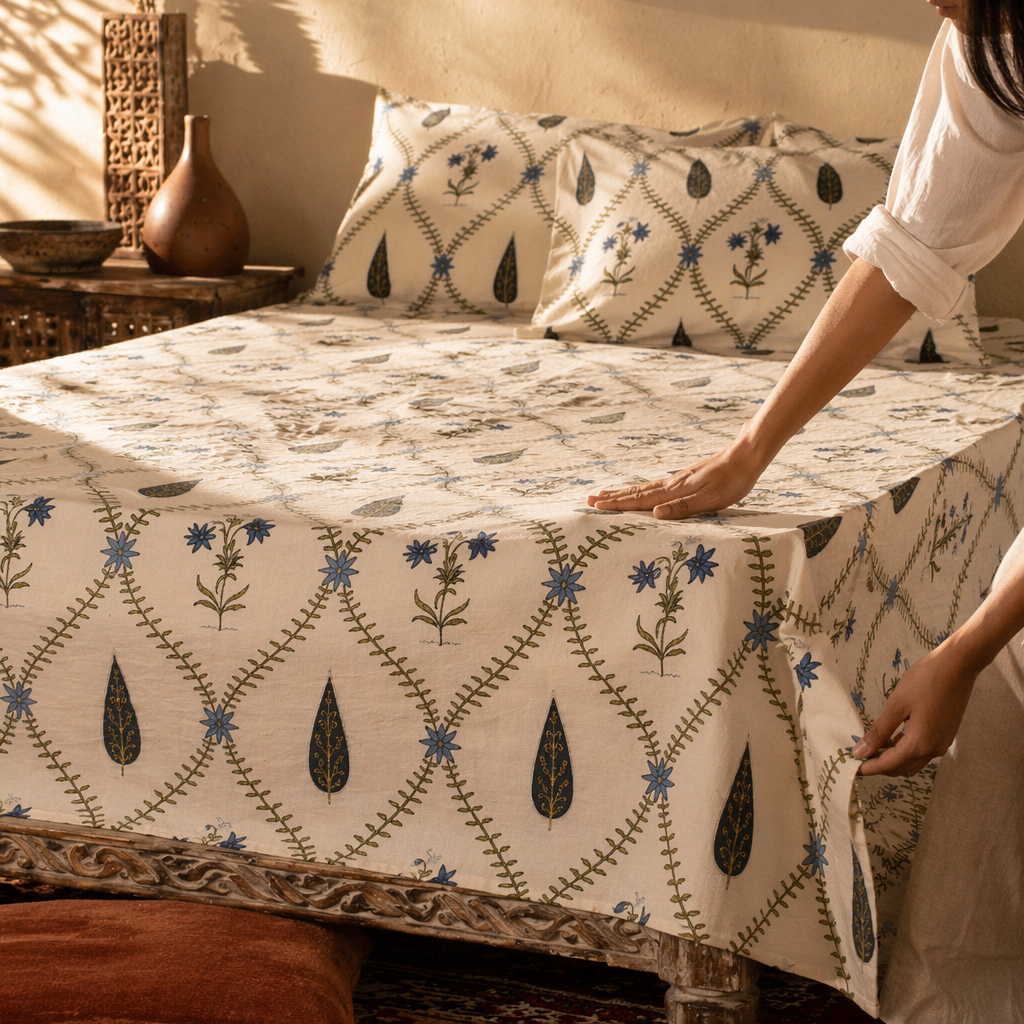 Cypress Blue Hand-Printed Floral Bedsheet, The Linen Room. Handmade in India by House of Taraasha.