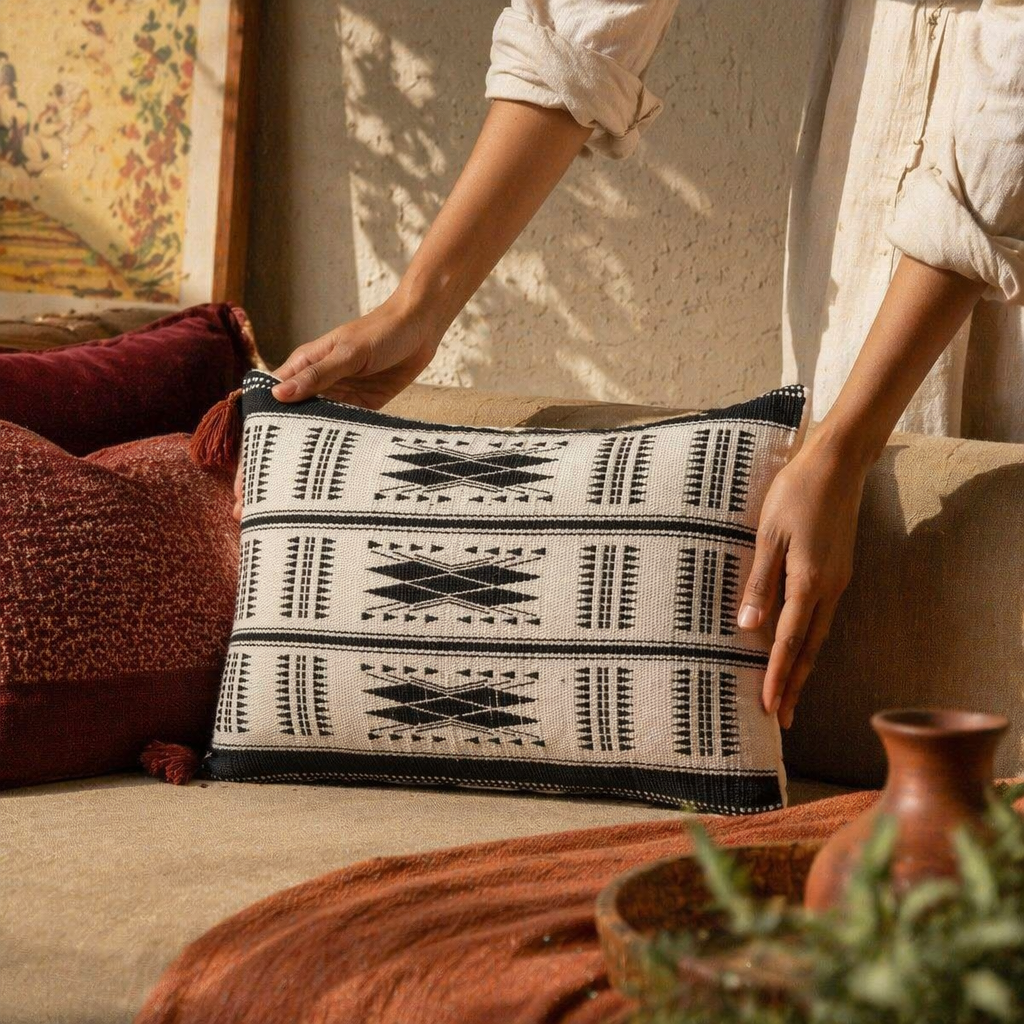 Naga Monochrome Backstrap-Loom Woven Rectangular Cushion Cover, The Living Room. Handmade in India by House of Taraasha.