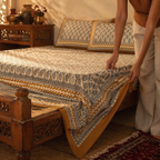 Mustard & Black Bagru Floral Bedsheet, The Linen Room. Handmade in India by House of Taraasha.