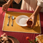 Crochet-Edged Table Mats Mustard and Off-White, The Gathered Table. Handmade in India by House of Taraasha.