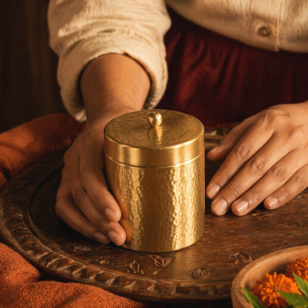 Moradabad Hammered Pure Brass Dabba, Medium, The Brass Atelier. Handmade in India by House of Taraasha.