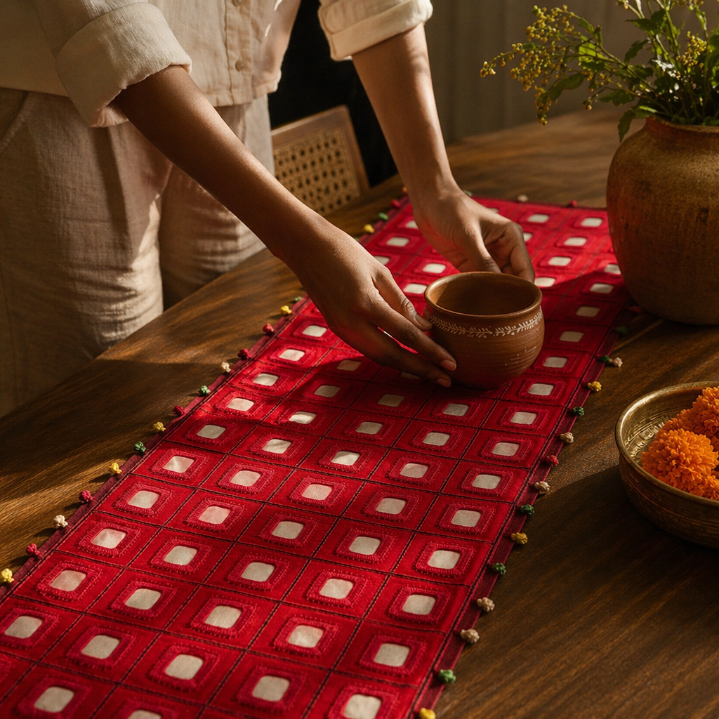 Lambani Mirror-Work Runner Scarlet, The Gathered Table. Handmade in India by House of Taraasha.