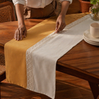 Crochet-Edged Runner Mustard and Off-White, The Gathered Table. Handmade in India by House of Taraasha.