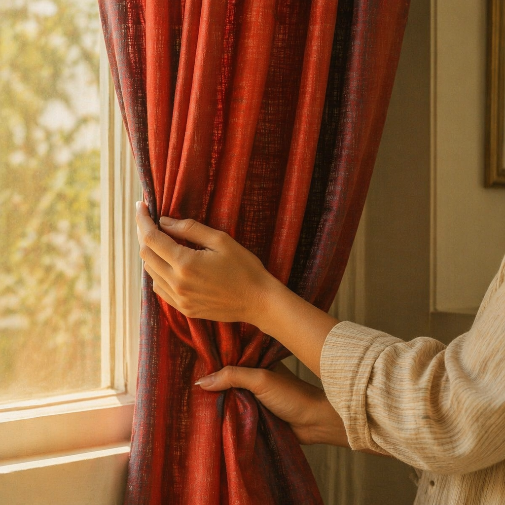 Brick Red Solid Cotton Door Curtain, The Draped Window. Handmade in India by House of Taraasha.