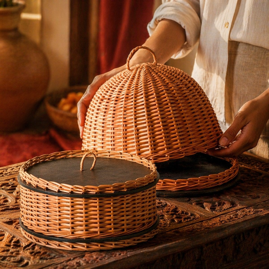 Kashmir Willow Storage Box & Cloche Platter, The Wicker House. Handmade in India by House of Taraasha.