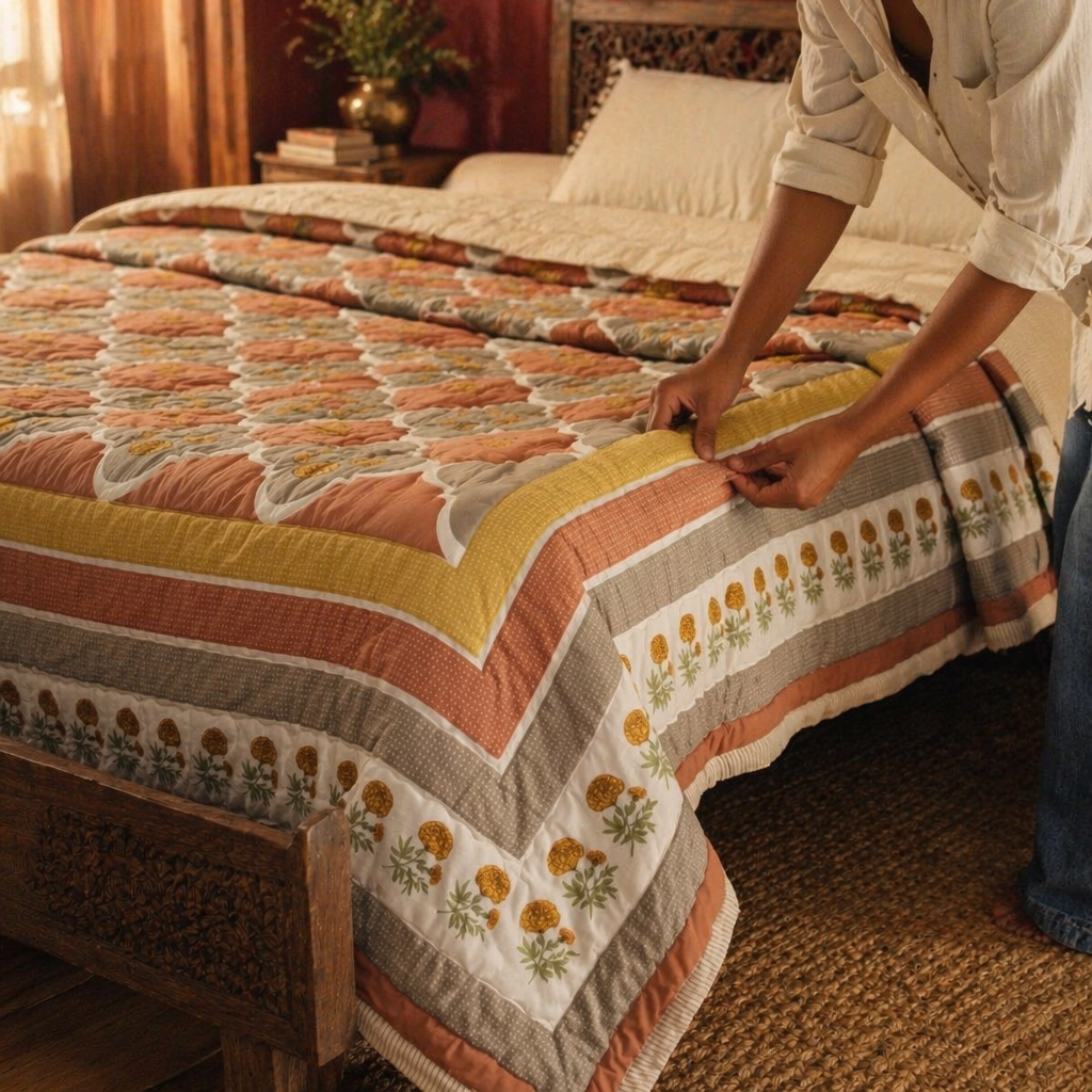 Rust & Taupe Marigold Cotton Quilt, The Linen Room. Handmade in India by House of Taraasha.