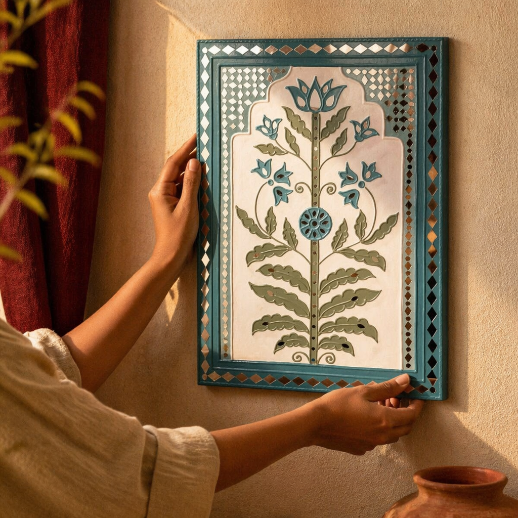 Aqua Blue Lippan Wall Hanging Floral Motif, The Art Wall. Handmade in India by House of Taraasha.