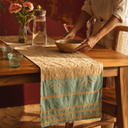 Applique Cutwork Runner Taupe and Teal Blue, The Gathered Table. Handmade in India by House of Taraasha.