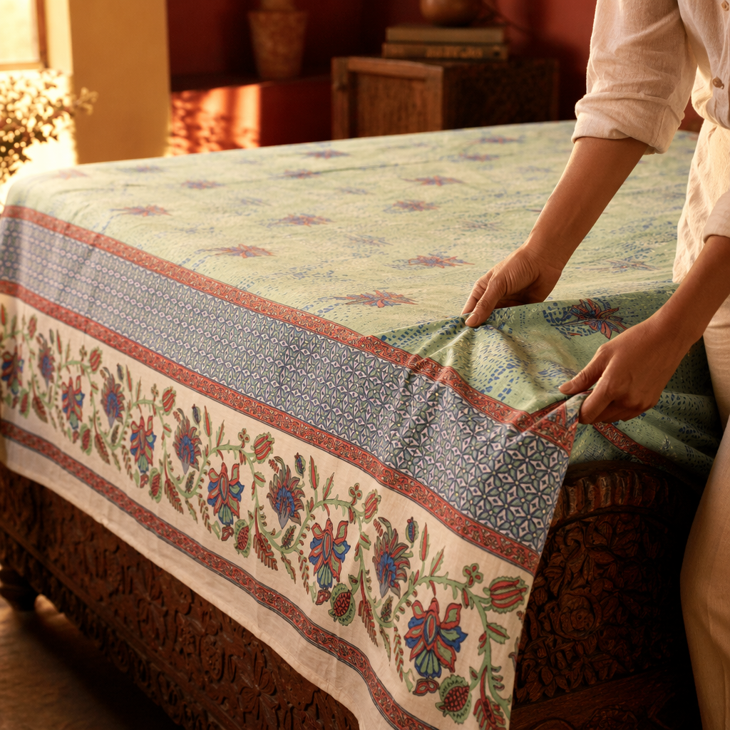Chintz Aqua, Navy and Peach Bed Cover, The Linen Room. Handmade in India by House of Taraasha.