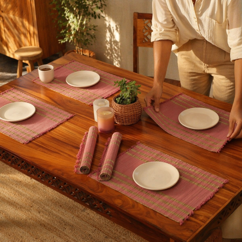 Madur Grass Woven Table Mats Blush Pink and Beige, The Gathered Table. Handmade in India by House of Taraasha.