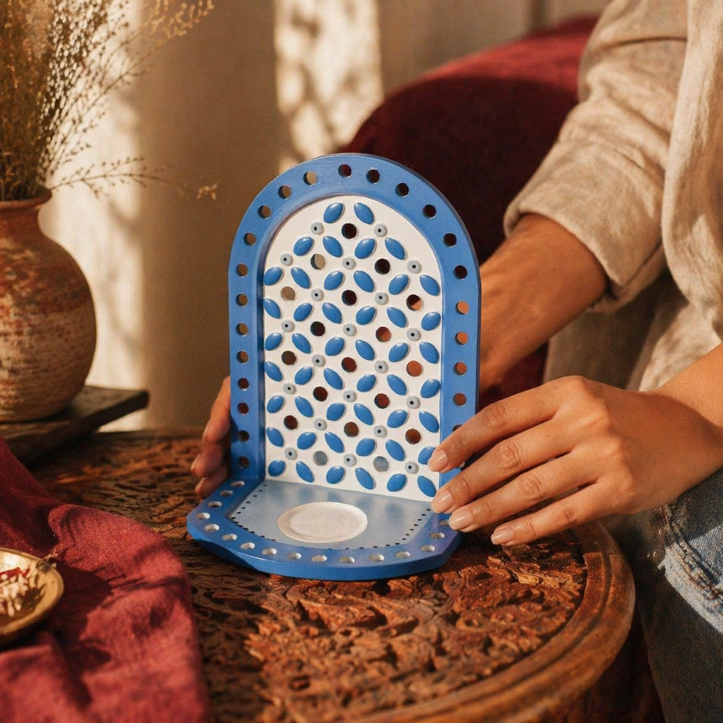Blue Lippan Mud and Mirror Tea Light Holder, Still Light. Handmade in India by House of Taraasha.