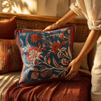 Chintz Navy, Maroon and Ivory Block-Printed Cushion Cover, The Living Room. Handmade in India by House of Taraasha.