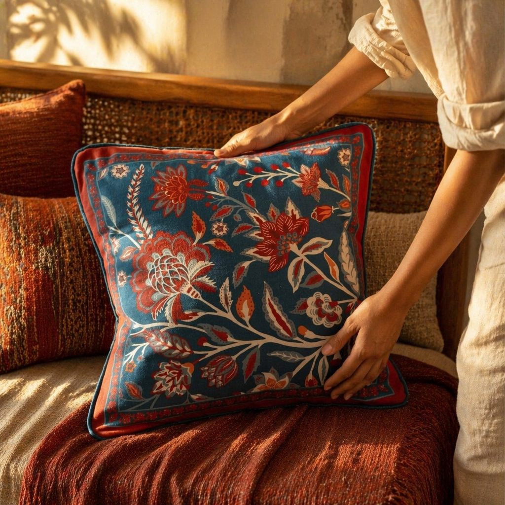 Chintz Navy, Maroon and Ivory Block-Printed Cushion Cover, The Living Room. Handmade in India by House of Taraasha.