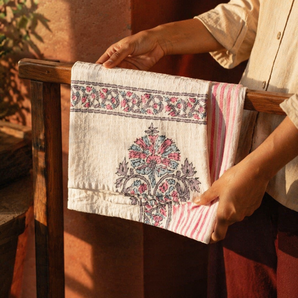 Petal Pattern Hand Block-Printed Cotton Towel Set, The Linen Room. Handmade in India by House of Taraasha.