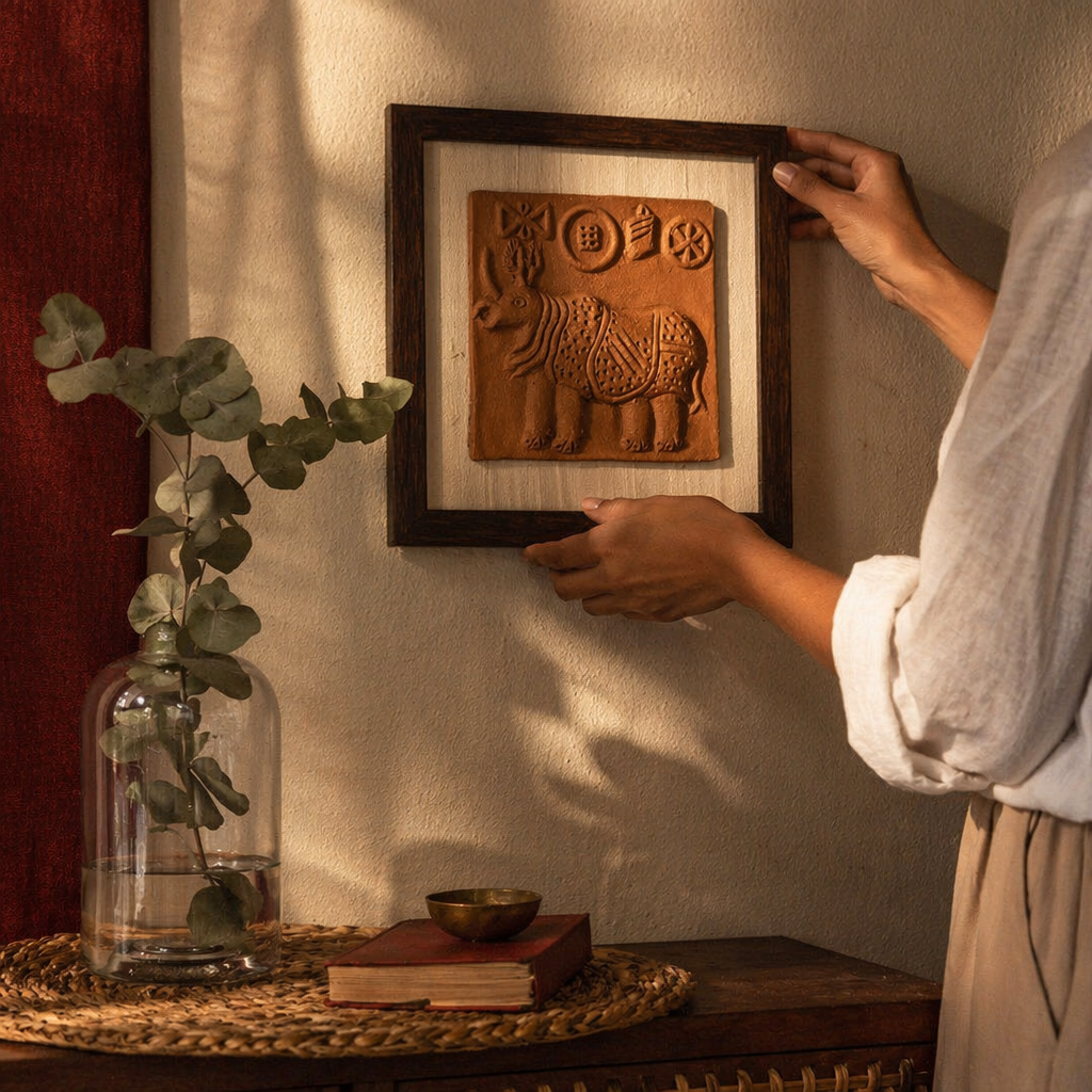 Harappan Seal Terracotta Rhinoceros Replica, The Art Wall. Handmade in India by House of Taraasha.