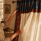 Vintage Chintz Ivory, Maroon and Navy Floral Stripe Curtain, The Draped Window. Handmade in India by House of Taraasha.