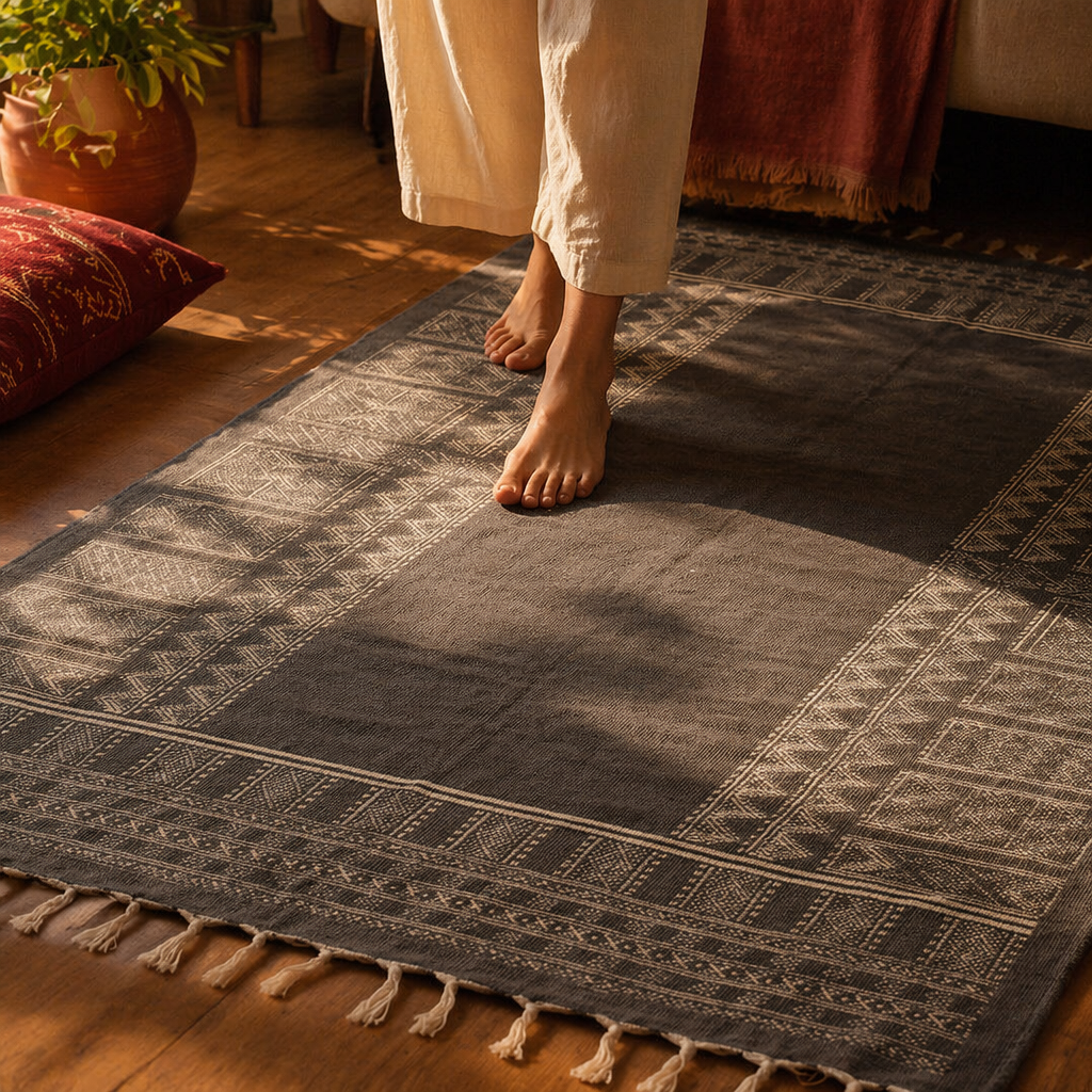 Jaipuri Grey Hand-Printed Cotton Floor Rug, The Woven Floor. Handmade in India by House of Taraasha.
