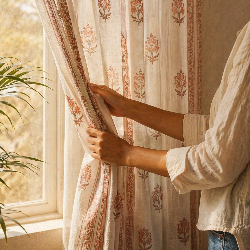 Mulmul Sheer Hand-Printed Dusty Pink Curtain, The Draped Window. Handmade in India by House of Taraasha.