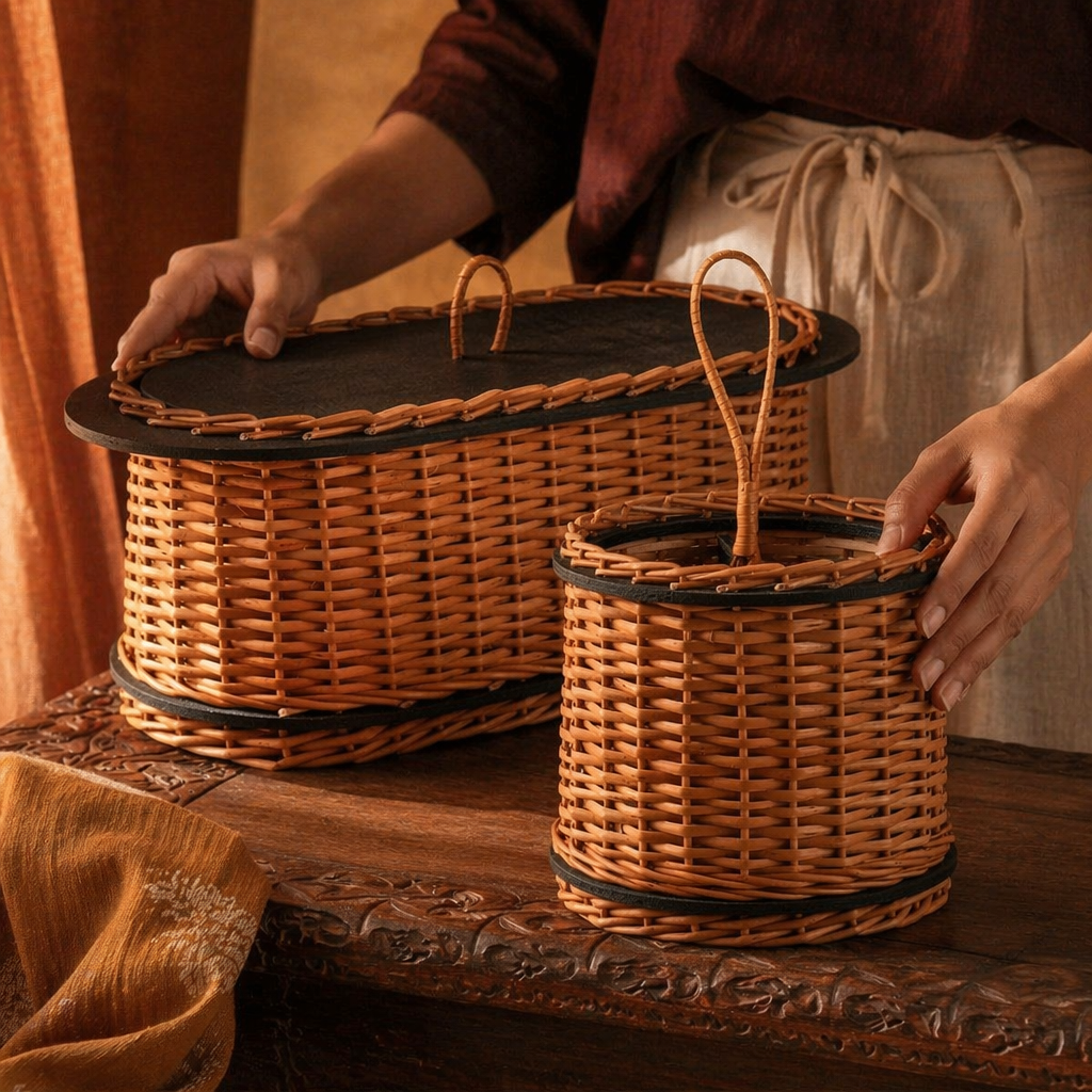 Kashmir Willow Bread Box & Cutlery Caddy, The Wicker House. Handmade in India by House of Taraasha.