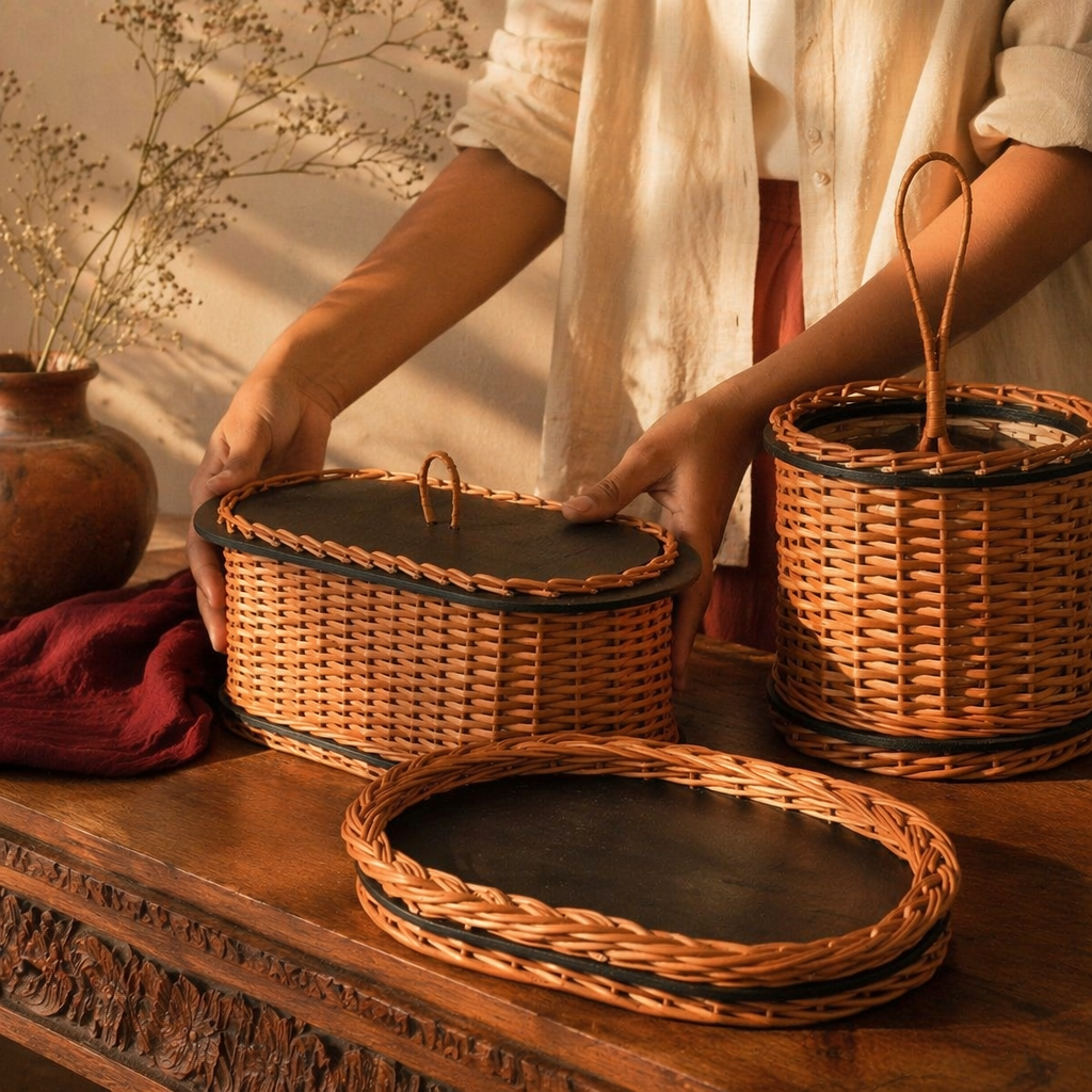 Kashmiri Willow Wicker Bread, Tray & Cutlery Set, The Brass Atelier. Handmade in India by House of Taraasha.