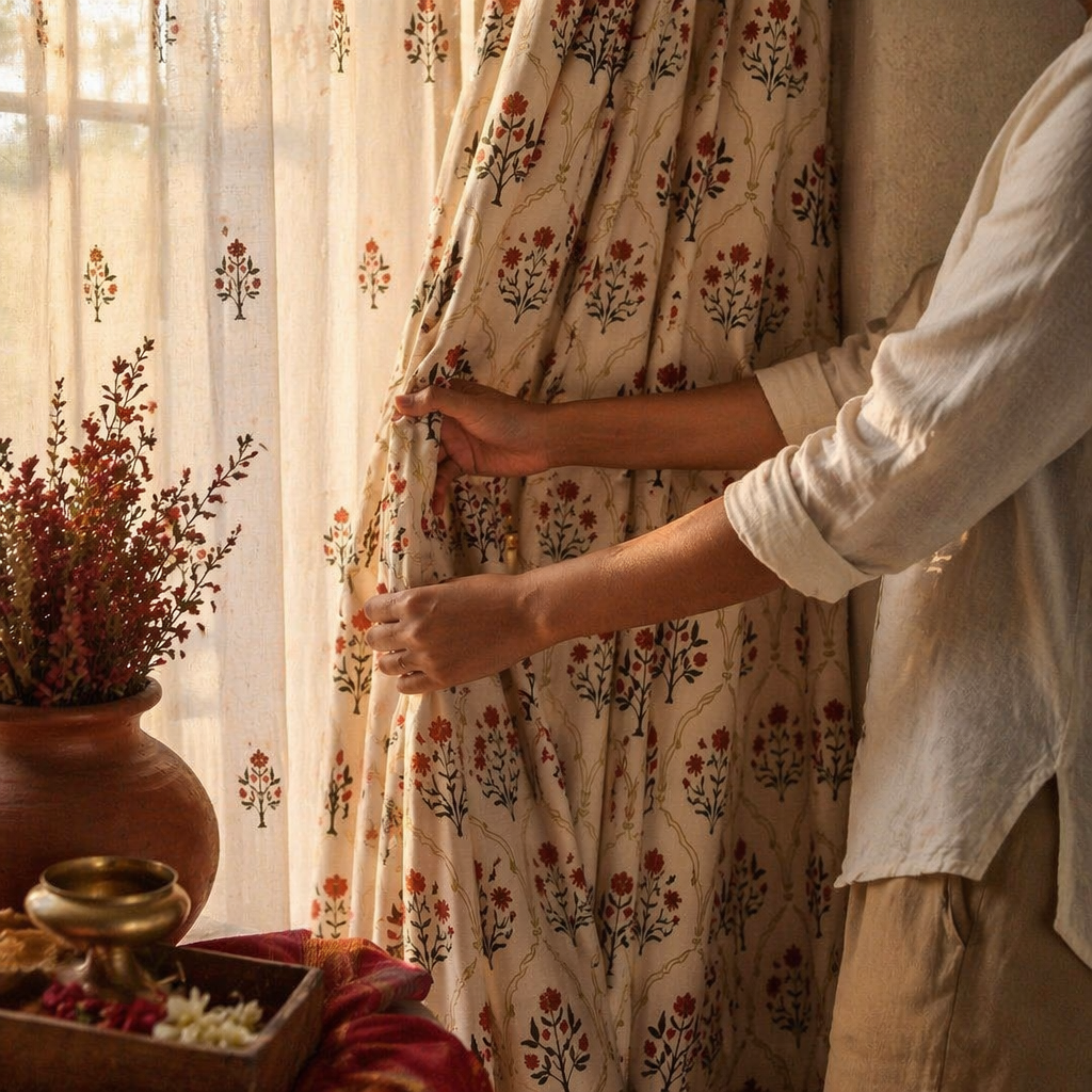 Royal Courtyards Rust & Maroon Printed-Sheer Set of Three, The Draped Window. Handmade in India by House of Taraasha.