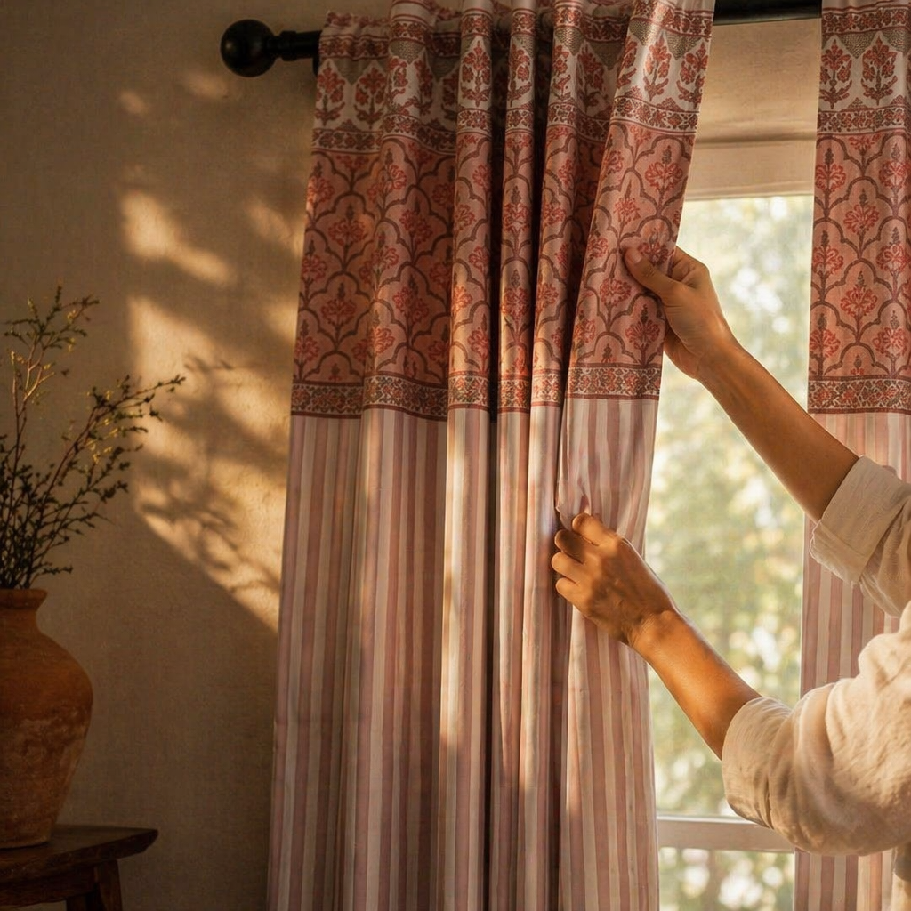 Dusty Pink and Off-White Floral Stripe Cotton Door Curtain, The Draped Window. Handmade in India by House of Taraasha.