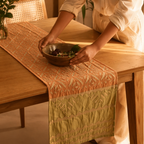 Applique Cutwork Runner Coral and Sage Green, The Gathered Table. Handmade in India by House of Taraasha.