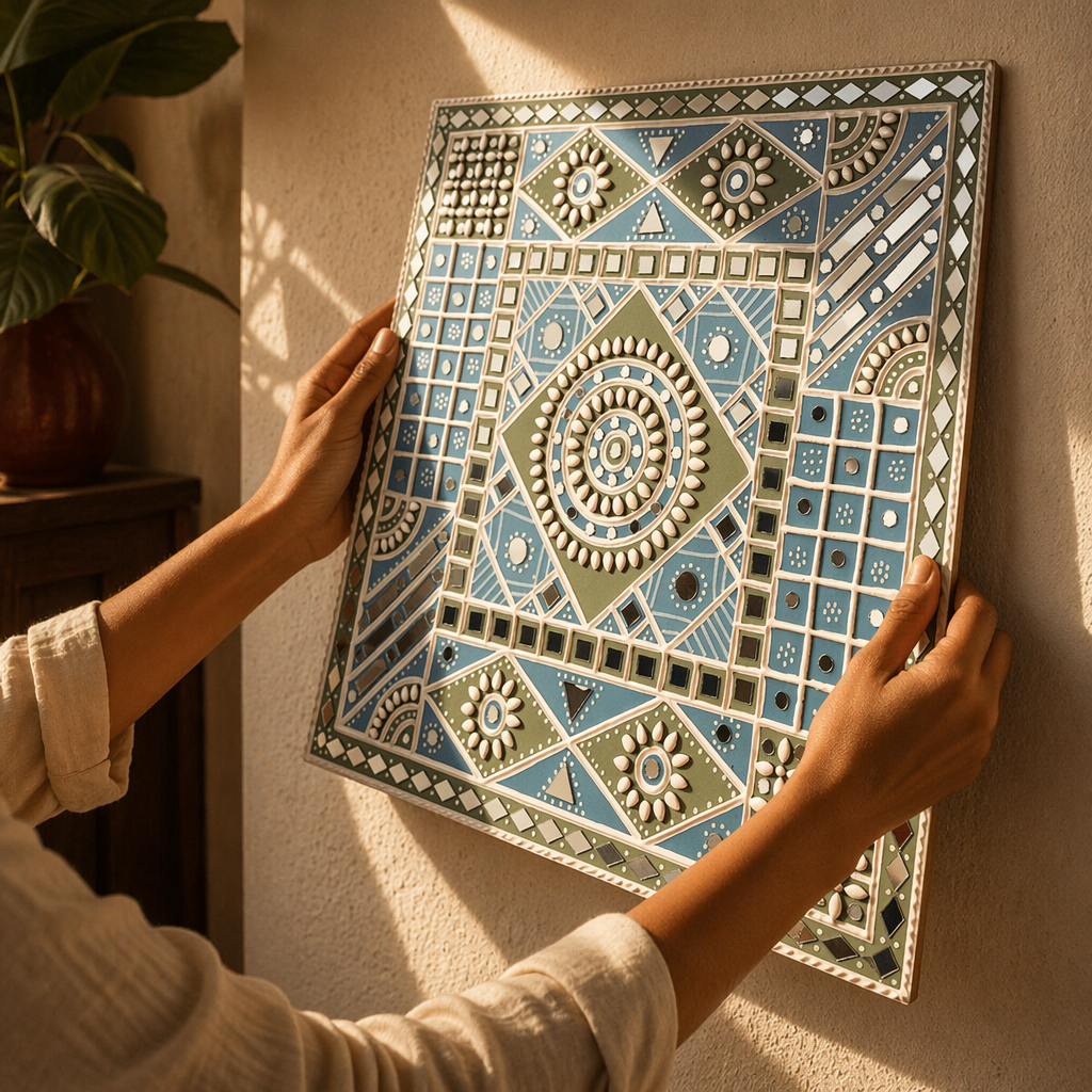 Ocean Blue Lippan Wall Hanging Kutch Mirror Work, The Art Wall. Handmade in India by House of Taraasha.