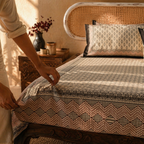 Beige & Maroon Bagru Floral Bedsheet, The Linen Room. Handmade in India by House of Taraasha.