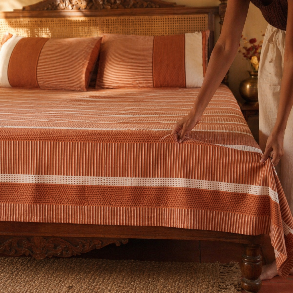 Marigold Rust and Off-White Block-Printed Bedsheet, The Linen Room. Handmade in India by House of Taraasha.