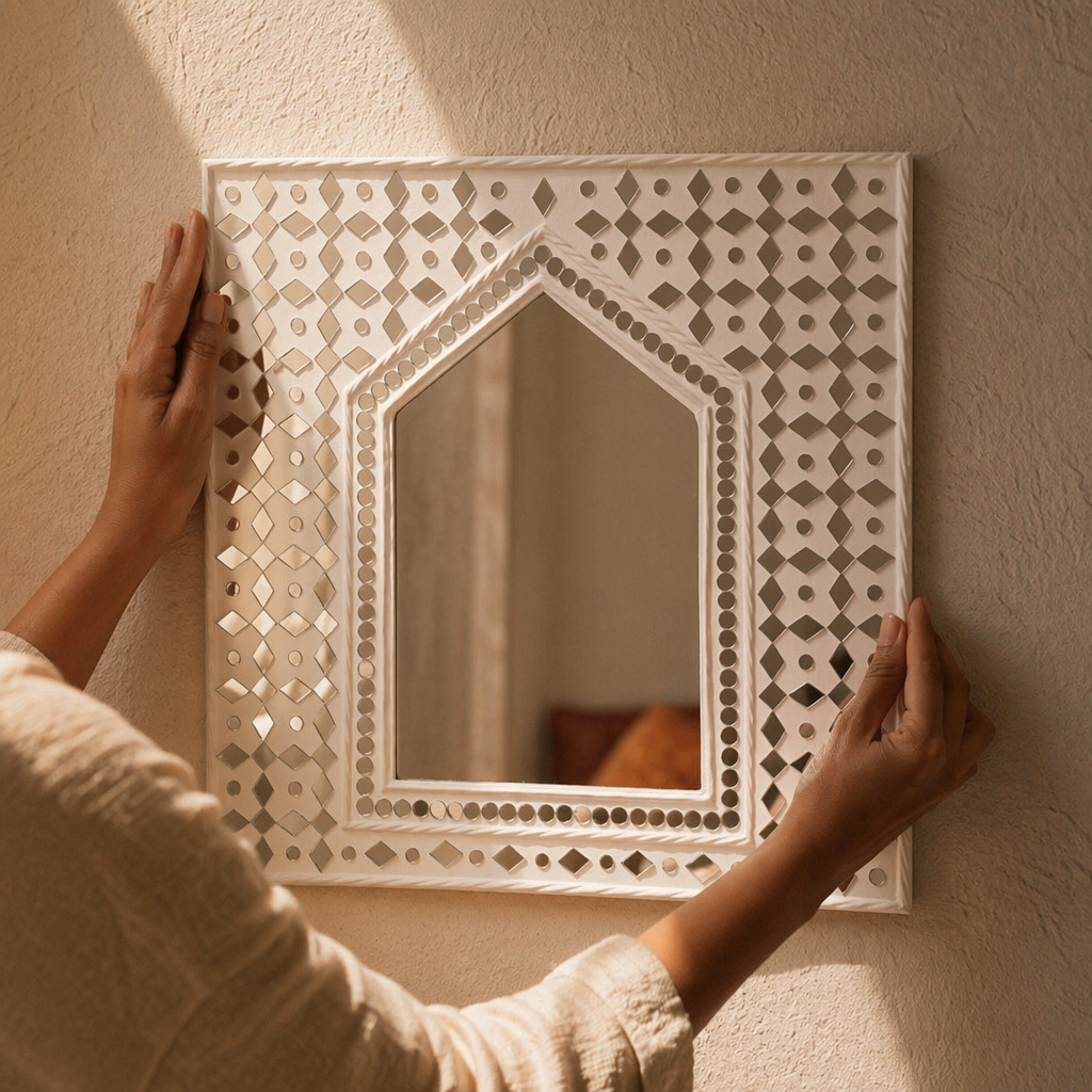 Lippan Hut Mirror White Clay and Glass, The Art Wall. Handmade in India by House of Taraasha.