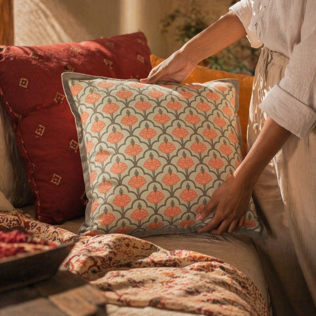 Jaali Green and Dusty Pink Hand-Printed Cushion Cover, The Living Room. Handmade in India by House of Taraasha.