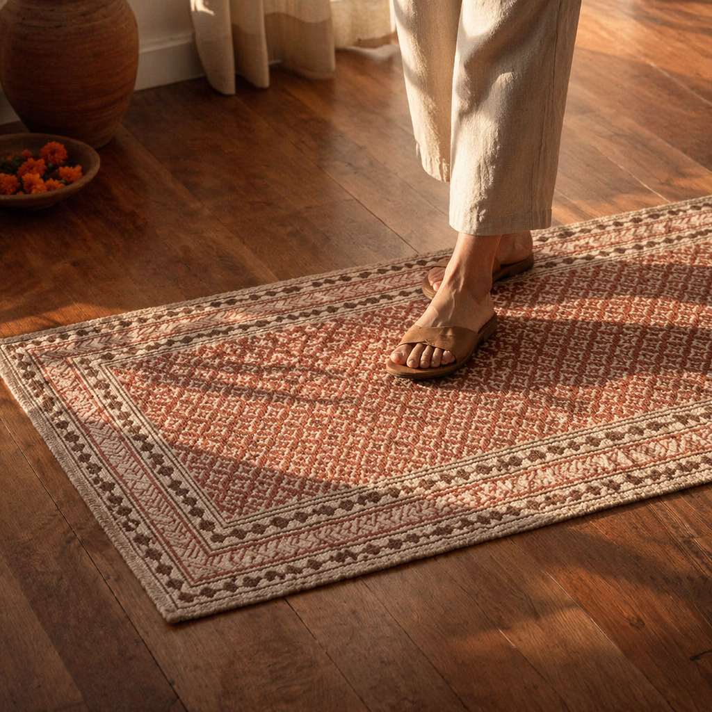 Maroon and Black Hand Block-Printed Floor Rug, The Woven Floor. Handmade in India by House of Taraasha.