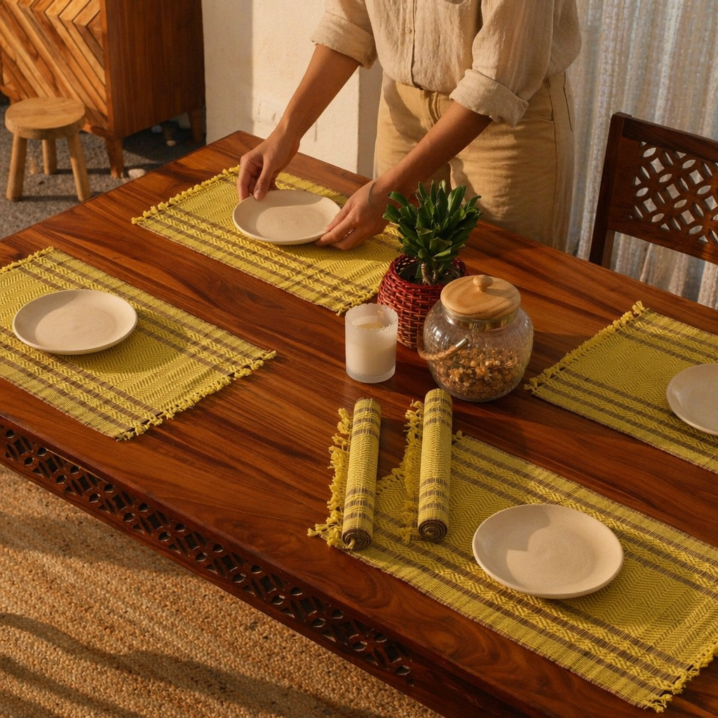 Madur Grass Woven Table Mats Lemon Yellow, The Gathered Table. Handmade in India by House of Taraasha.