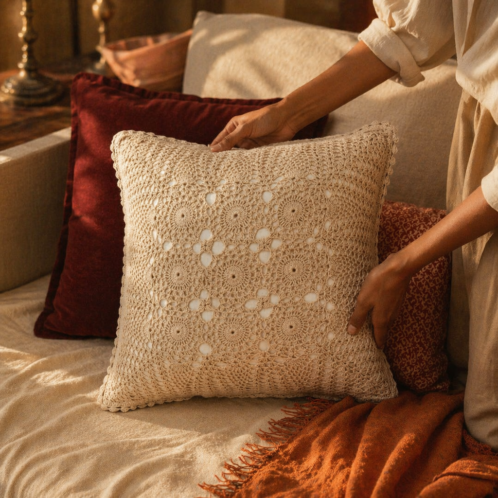 White Crochet Handmade Cotton Cushion Cover, The Living Room. Handmade in India by House of Taraasha.