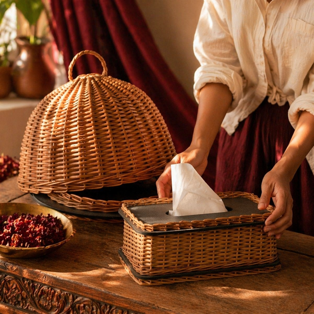 Kashmir Willow Cloche Platter & Tissue Box, The Wicker House. Handmade in India by House of Taraasha.