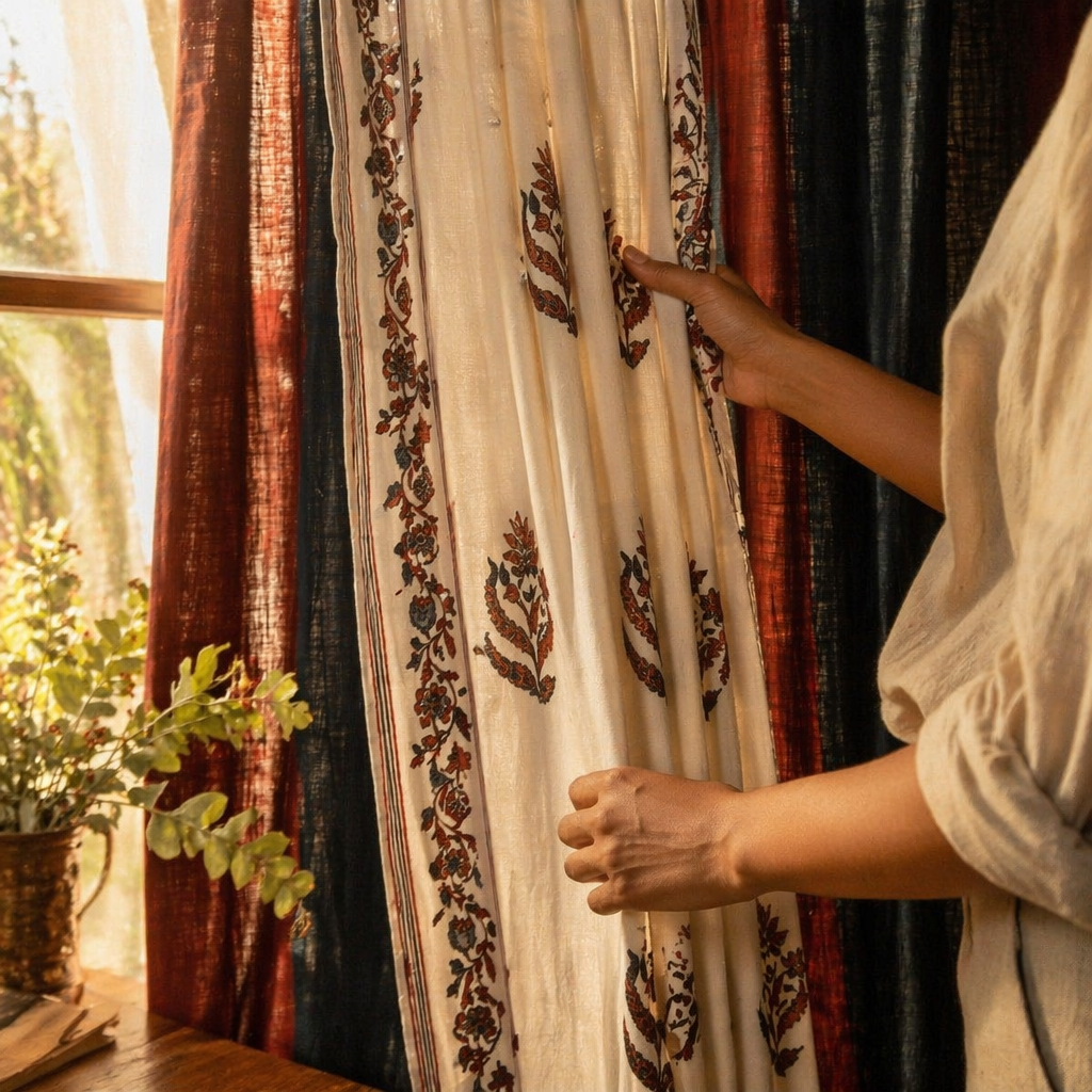 Handwoven & Chintz Sheer Off-White and Navy Curtain Set, The Draped Window. Handmade in India by House of Taraasha.