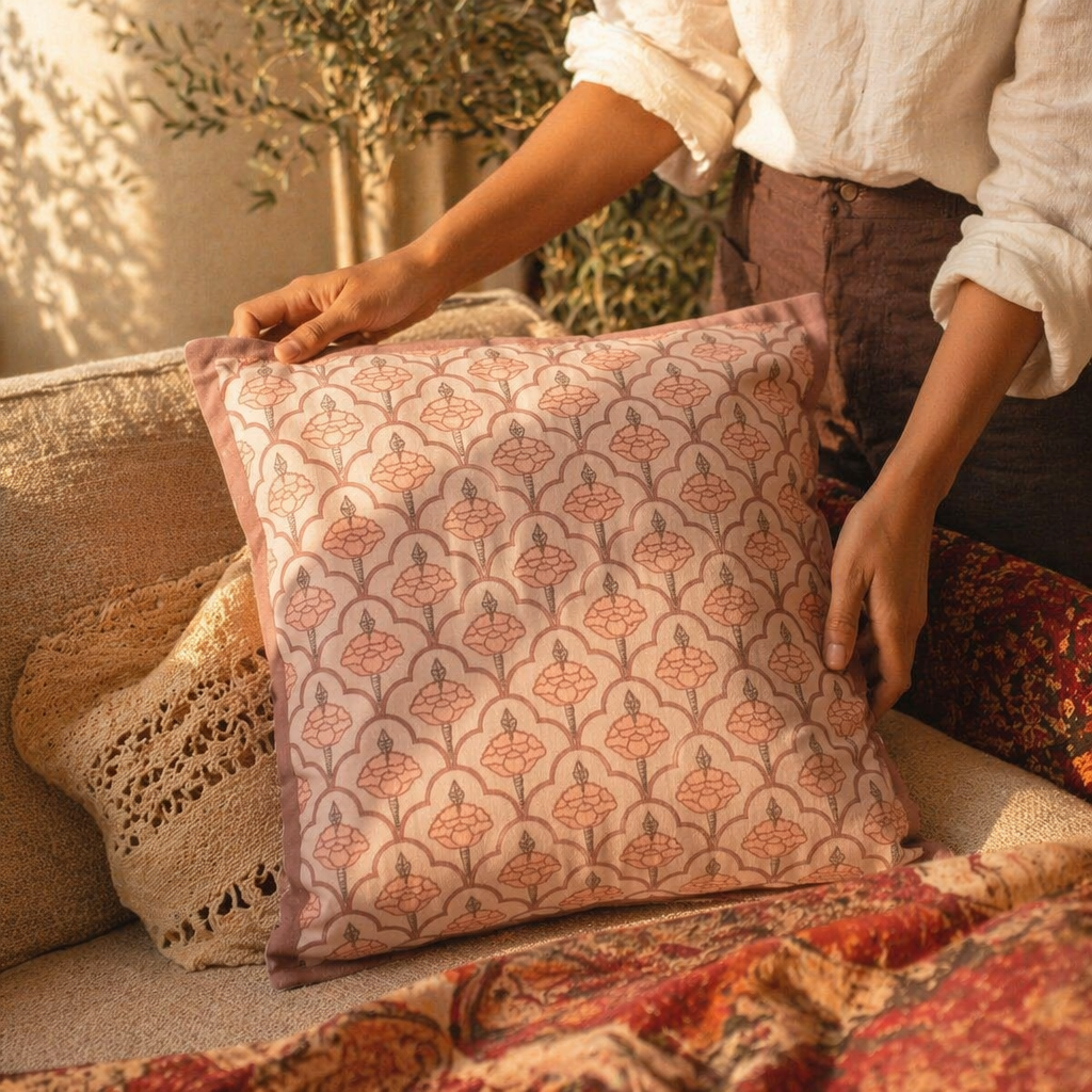 Jaali Dusty Pink Hand-Printed Cushion Cover, The Living Room. Handmade in India by House of Taraasha.